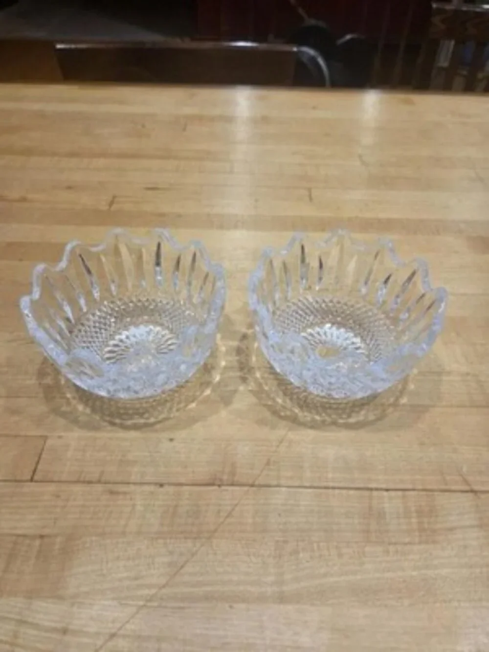 Vintage 24% Lead Crystal Ruffled Dessert Bowls Heavy Starburst Pair Set 2